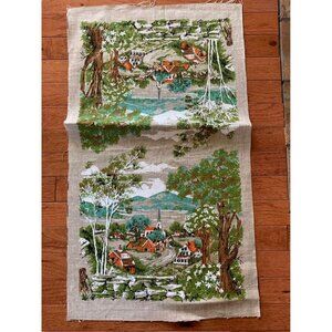 1970s Church Scene Linen Fabric Panel 17x30" Rustic Village Artwork Vtg